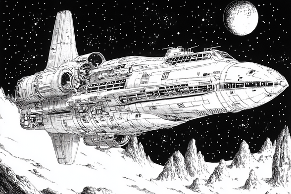 A black and white illustration of a detailed spacecraft floating amidst stars with a moon in the background and jagged peaks below, creating a sci-fi space scene.