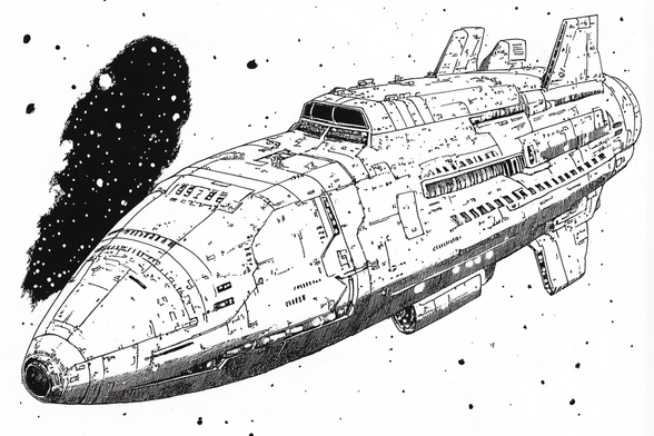 A black and white ink illustration of a large spaceship in outer space surrounded by stars and a dark nebula-like formation.