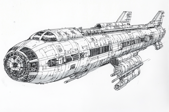 Detailed black and white sketch of a science fiction spacecraft with a cylindrical body, front circular array, transparent cockpit dome, dual vertical stabilizers, and two large lower engines.