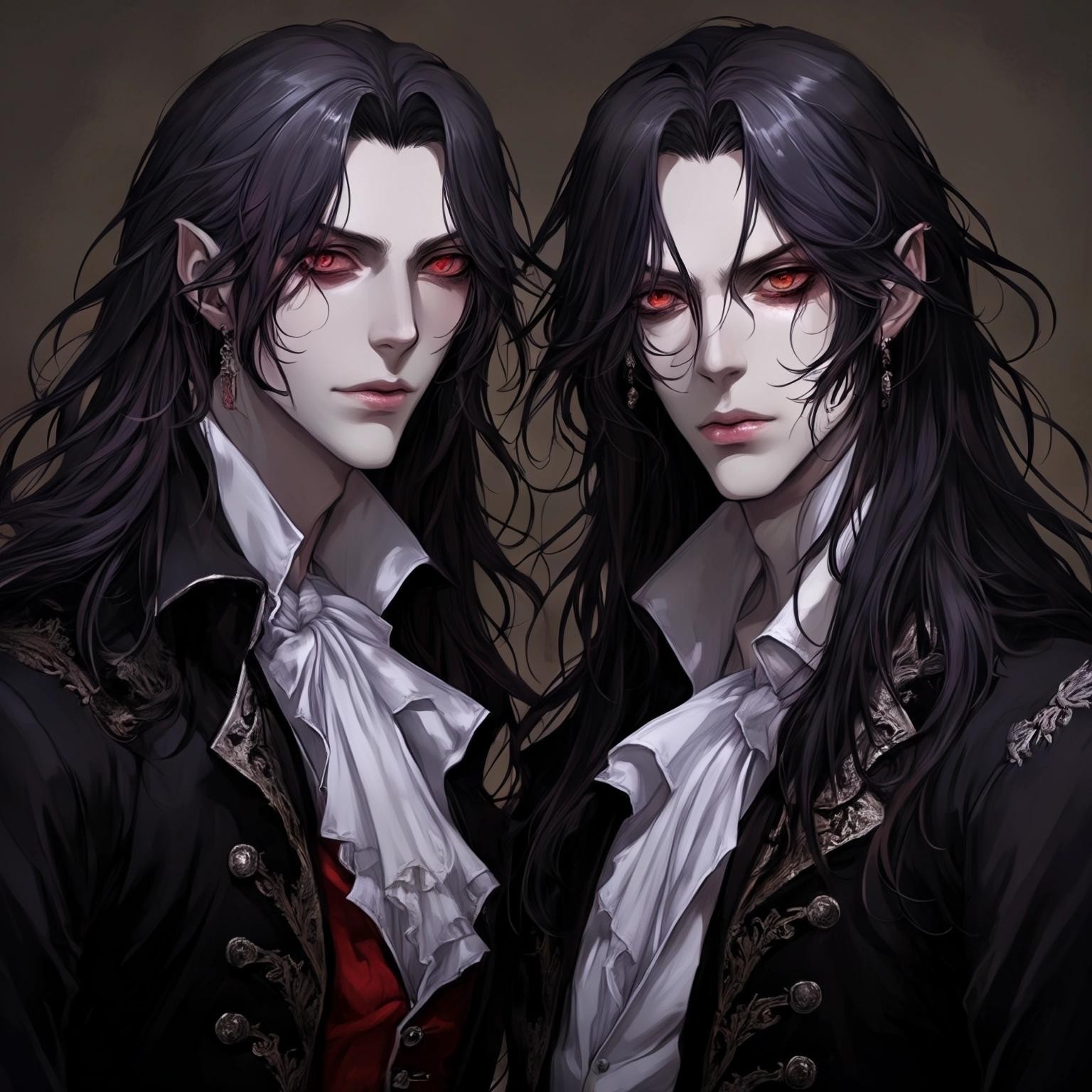 Image with seed 3119284473 generated via Stable Diffusion through @stablehorde@sigmoid.social. Prompt: two gay bishounen vampires, pretty boys, long hair, roccoco undead 