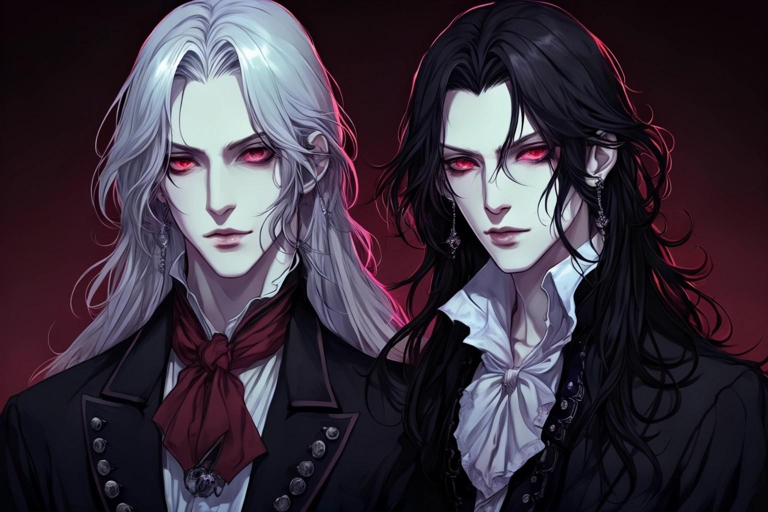 Image with seed 2548740070 generated via Stable Diffusion through @stablehorde@sigmoid.social. Prompt: two gay bishounen vampires, pretty boys, long hair, roccoco undead 