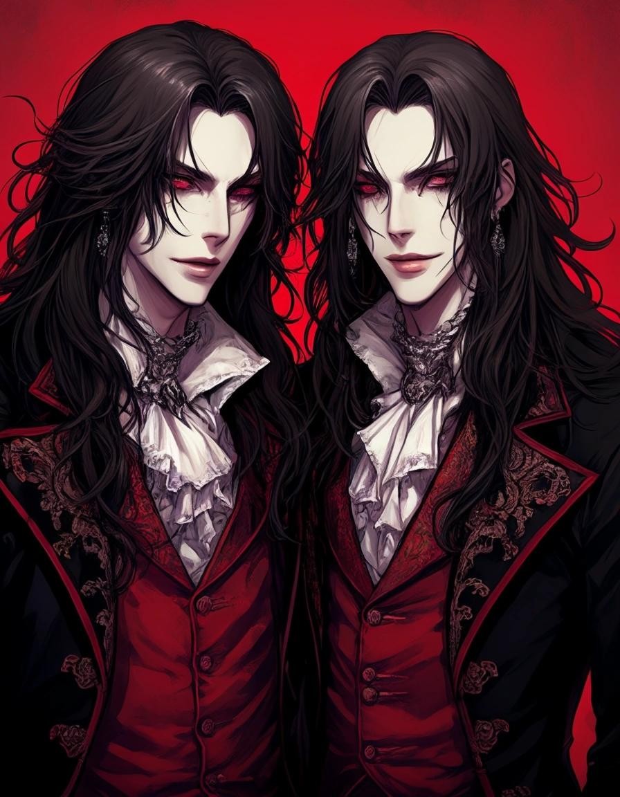 Image with seed 1546198200 generated via Stable Diffusion through @stablehorde@sigmoid.social. Prompt: two gay bishounen vampires, pretty boys, long hair, roccoco undead 