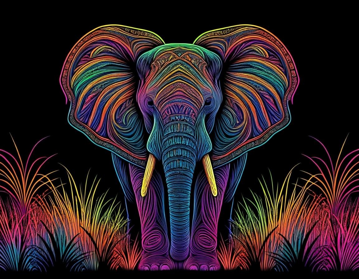 Image with seed 403481245 generated via Stable Diffusion through @stablehorde@sigmoid.social. Prompt: Intricate colorful neon rainbow A majestic elephant standing in the heart of the African savanna, its large ears flapping gently, with powerful tusks and a wise, expressive face, surrounded by tall grasses and acacia trees darkness, intricately stylized vector design, line work, flourishes, patterns###white, blank,