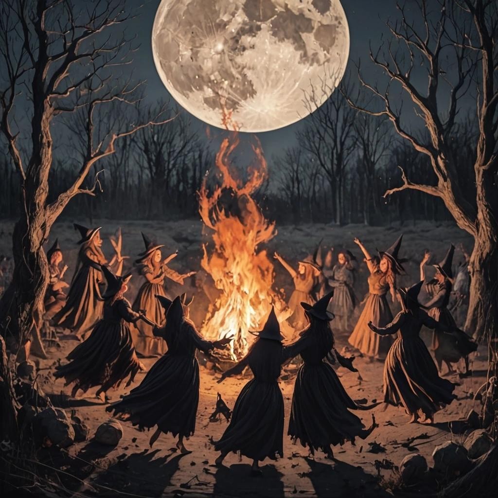 Image with seed 3452624236 generated via Stable Diffusion through @stablehorde@sigmoid.social. Prompt: witches dancing around a fire under a full moon