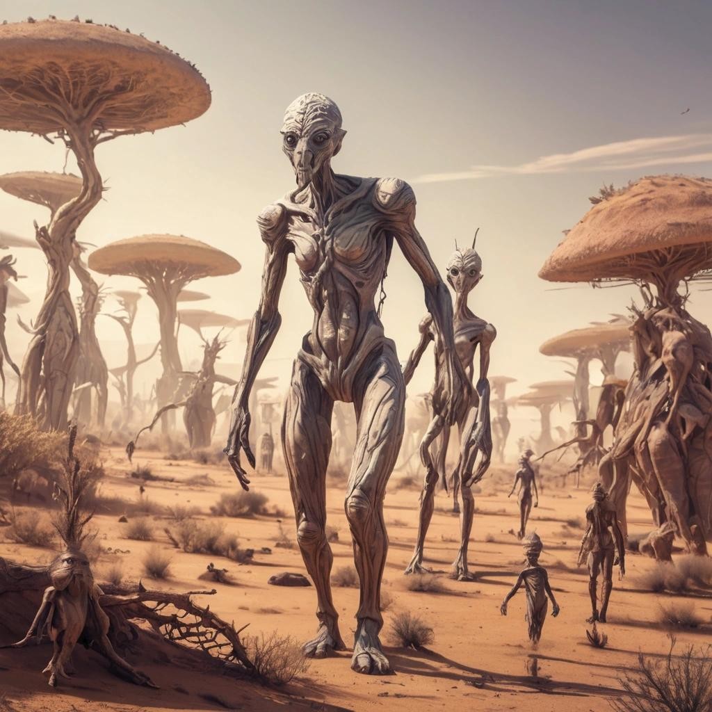 Image with seed 3530105542 generated via Stable Diffusion through @stablehorde@sigmoid.social. Prompt: primitive humanoid alen tribe in an alien savannah landscape on an alien planet filled with strange alien trees and strange alien animals