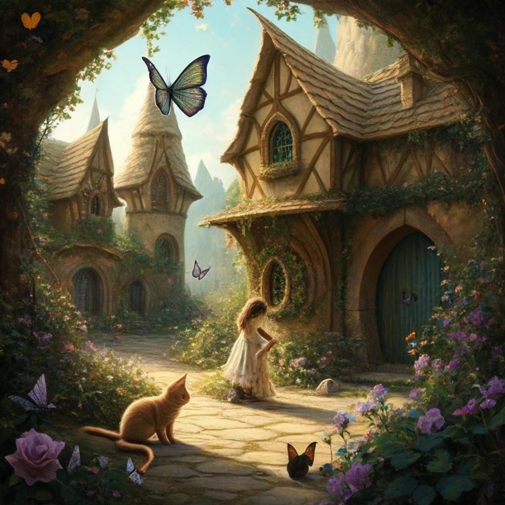 Image with seed 4276967202 generated via Stable Diffusion through @stablehorde@sigmoid.social. Prompt: An Elven Princess playing with her cat in the hidden Elf village in the secret valley. fantasy, magic realism, dreamlike, surrealism, whimsical, flowers; butterflies, Elven architecture, gardens 