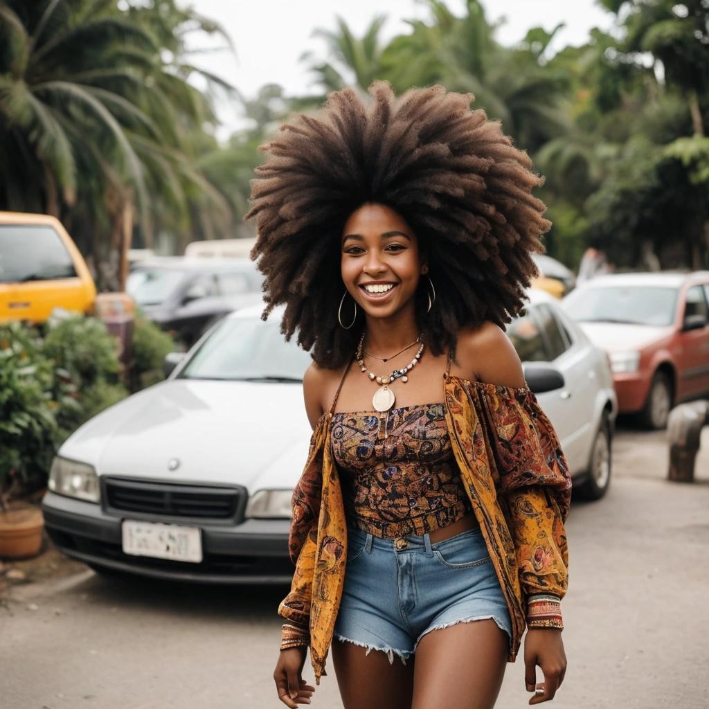 Image with seed 3963948466 generated via Stable Diffusion through @stablehorde@sigmoid.social. Prompt: a very happy black hippie girl with a voluminous afro hairstyle 