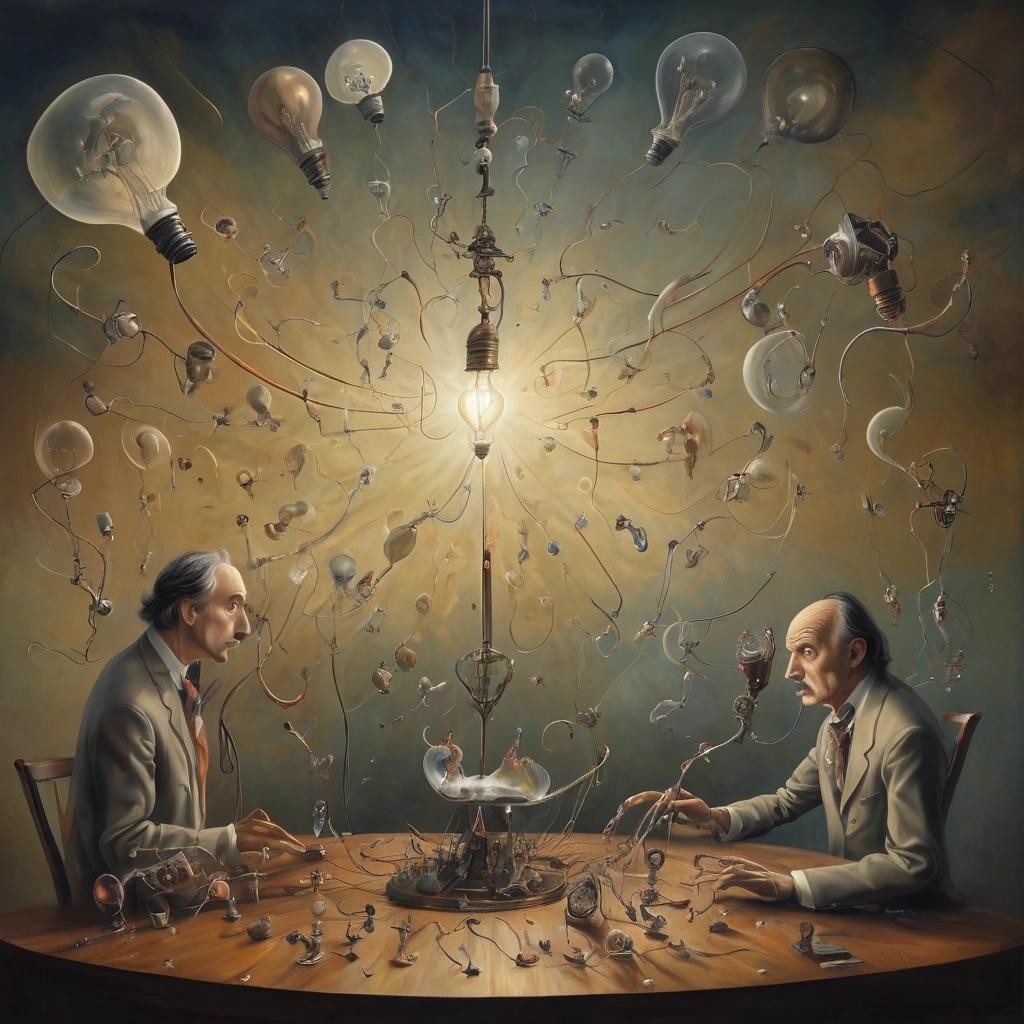 Image with seed 3646415485 generated via Stable Diffusion through @stablehorde@sigmoid.social. Prompt: Q: How many quantum physicists does it take to change a lightbulb ? A: One. Two to do it, and one to renormalise the wave function.digital painting poster Salvador Dali Max Ernst Yves Tanguy shaun tan