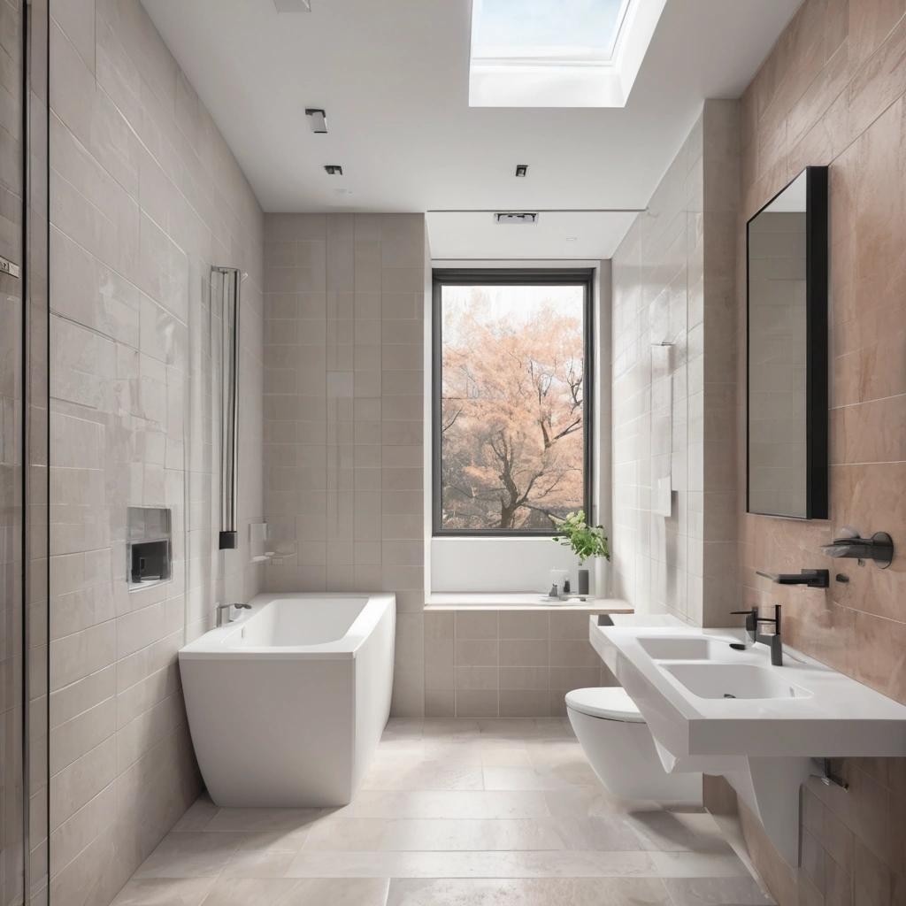 Image with seed 475881321 generated via Stable Diffusion through @stablehorde@sigmoid.social. Prompt: a realistic render of a small bathroom, with a standing tub under a high narrow window, a separate shower area, a towel warmer, a smart toilet, and a nook with a sink and mirror in the left wall