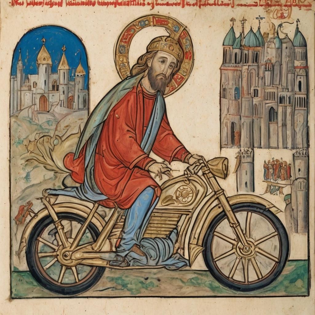 Image with seed 1280464163 generated via Stable Diffusion through @stablehorde@sigmoid.social. Prompt: Jesus Christ on a motorbike, 14th century manuscript illumination