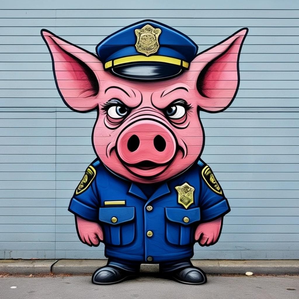 Image with seed 1594854739 generated via Stable Diffusion through @stablehorde@sigmoid.social. Prompt: Graffiti of an ugly anthropomorphic pig wearing a police uniform, angry, aggressive, brutal 