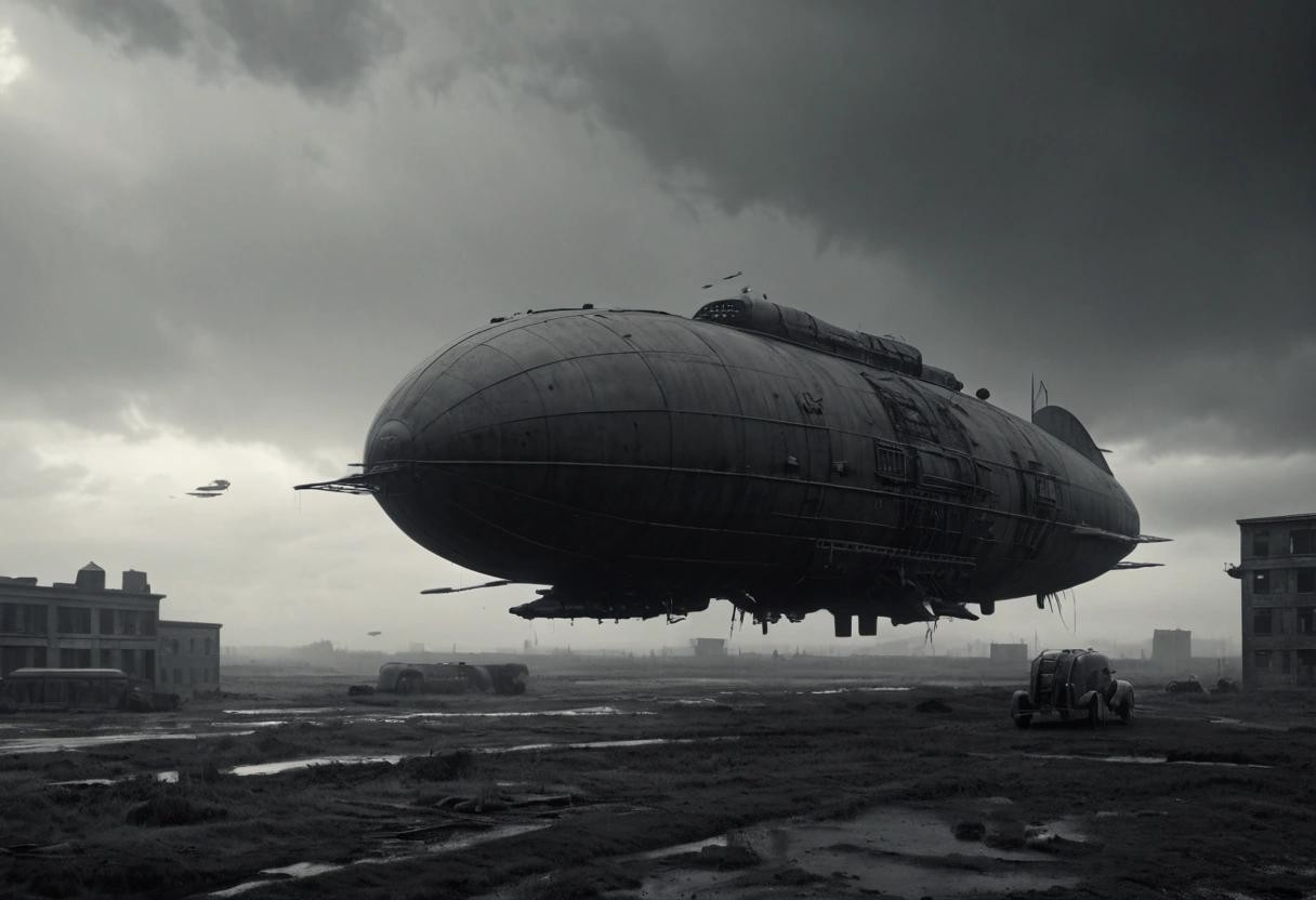 Image with seed 1055972522 generated via Stable Diffusion through @stablehorde@sigmoid.social. Prompt: dystopian style film still, style 1940s science fiction and post-apocalyptic with zeppelin spaceship  . bleak, post-apocalyptic, somber, dramatic, highly detailed###,ugly, deformed, noisy, blurry, low contrast, cheerful, optimistic, vibrant, colorful