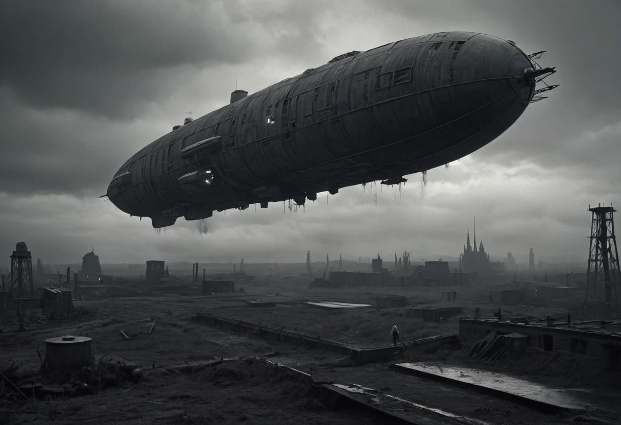 Image with seed 1700755066 generated via Stable Diffusion through @stablehorde@sigmoid.social. Prompt: dystopian style film still, style 1940s science fiction and post-apocalyptic with zeppelin spaceship  . bleak, post-apocalyptic, somber, dramatic, highly detailed###,ugly, deformed, noisy, blurry, low contrast, cheerful, optimistic, vibrant, colorful