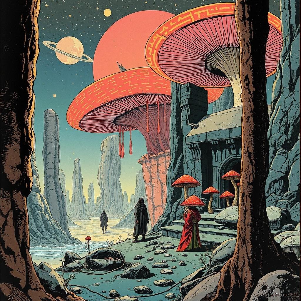 Image with seed 2161636512 generated via Stable Diffusion through @stablehorde@sigmoid.social. Prompt: Forgotten Future's Spirit of Misfortune, Futuristic Sci-Fi Biopunk Art Nouveau, Moebius, Enki Bilal, psychedelic, magic mushrooms, #elektrodada