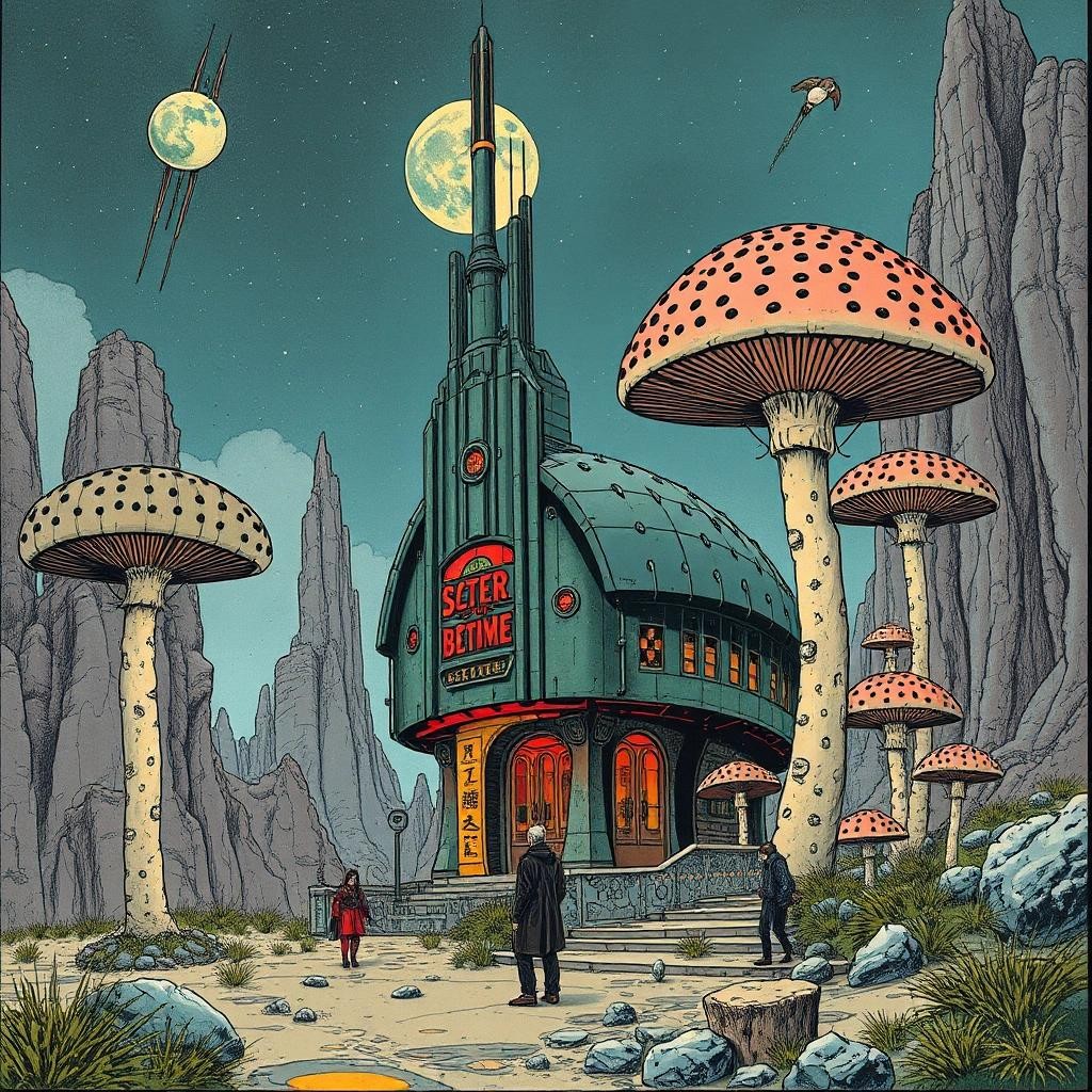 Image with seed 2161636512 generated via Stable Diffusion through @stablehorde@sigmoid.social. Prompt: Forgotten Future's Spirit of Misfortune, Futuristic Sci-Fi Biopunk Art Nouveau, Moebius, Enki Bilal, psychedelic, magic mushrooms, #elektrodada