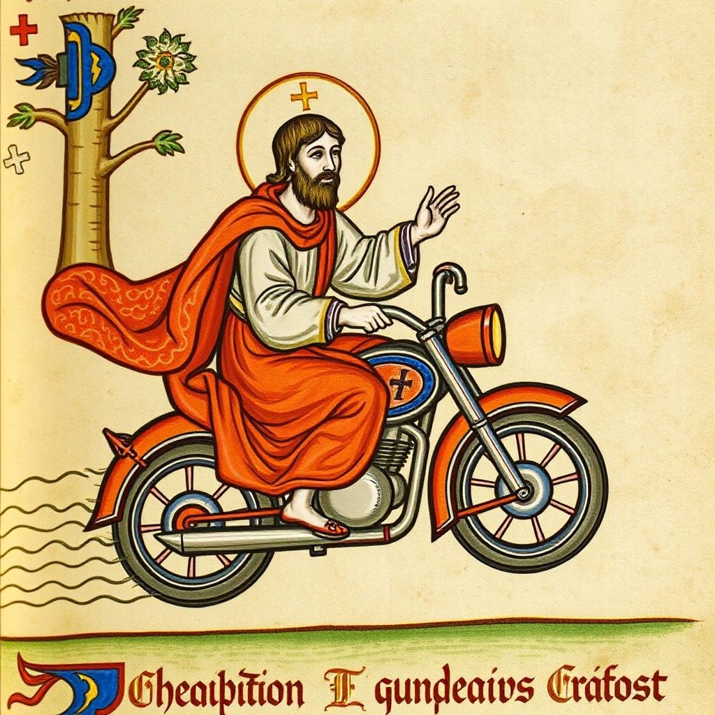 Image with seed 1281510373 generated via Stable Diffusion through @stablehorde@sigmoid.social. Prompt: Jesus Christ on a motorbike, 14th century manuscript illumination