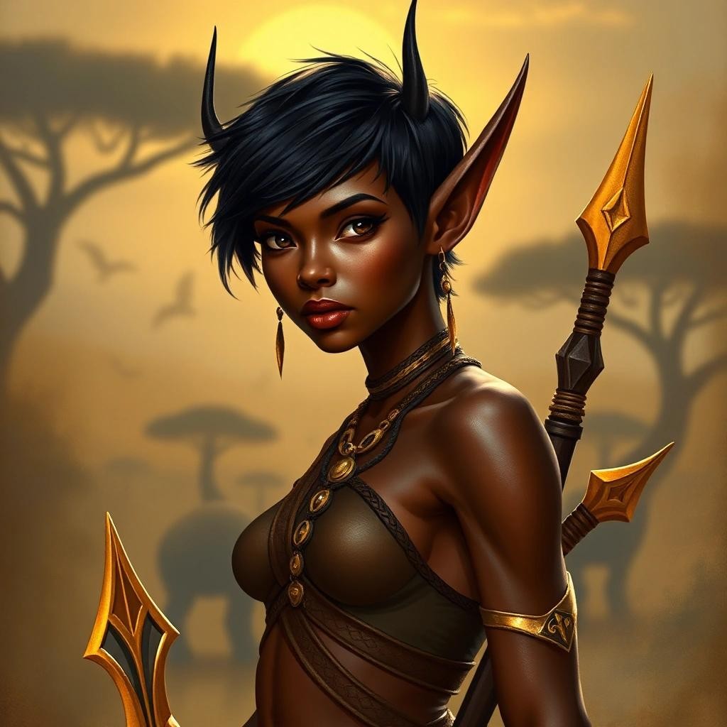 Image with seed 1110035663 generated via Stable Diffusion through @stablehorde@sigmoid.social. Prompt: Full body portrait of a beautiful young woman of the Sun Elves, slender, tall, fierce and proud warrior maiden, long pointy ears, high cheekbones, full lips, dark brown skin, dark brown eyes, short black hair in a pixie cut, golden weapons, African fantasy Savannah background