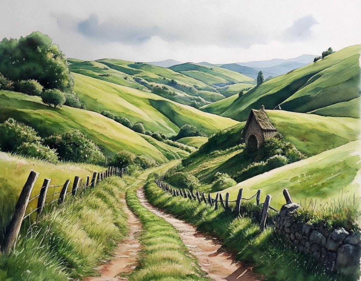 Image with seed 3404796868 generated via Stable Diffusion through @stablehorde@sigmoid.social. Prompt: Watercolour, an old country path through the green hills, Middle-Earth, Hobbits, The Shire 