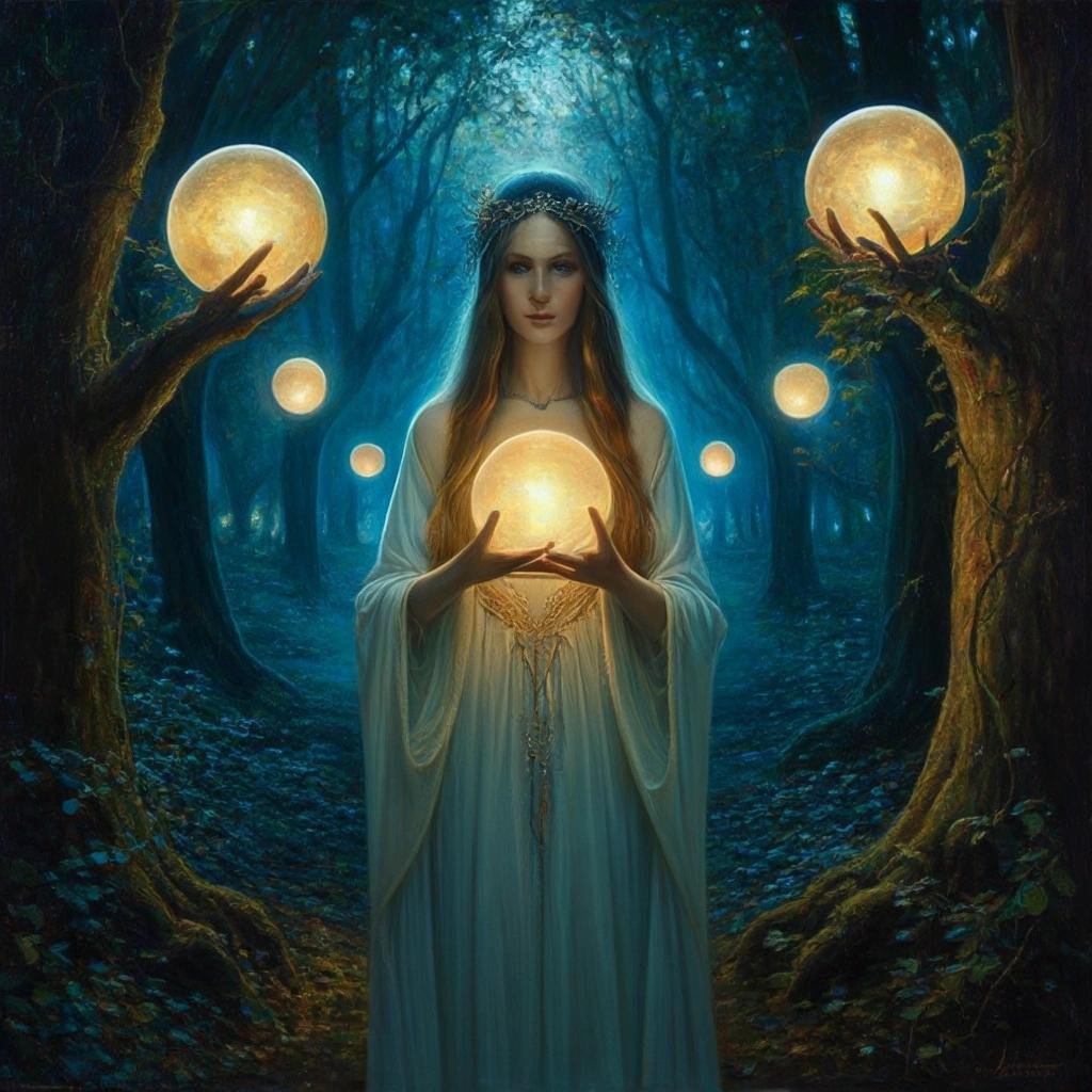 Image with seed 340322981 generated via Stable Diffusion through @stablehorde@sigmoid.social. Prompt: Elven Priestess standing between two glowing orbs in a magical grove at night, highly detailed, elegant, fantasy, oil on canvas, very attractive, beautiful, Pre-Raphaelite. 