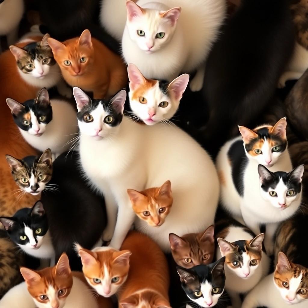 Image with seed 3493476296 generated via Stable Diffusion through @stablehorde@sigmoid.social. Prompt: White cat black cat red cat tabby cat tuxedo cat calico cat so many cats