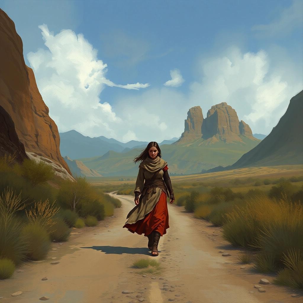 Image with seed 385358551 generated via Stable Diffusion through @stablehorde@sigmoid.social. Prompt: a female battle monk wandering a lonesome road