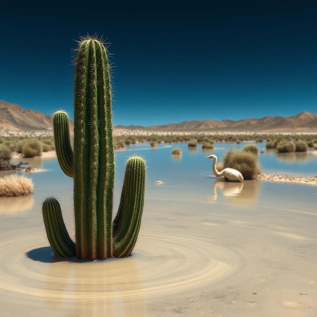 Image with seed 3238635867 generated via Stable Diffusion through @stablehorde@sigmoid.social. Prompt: a cactus in a flooded Desert valley