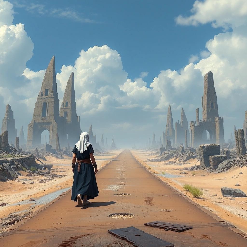 Image with seed 1146653684 generated via Stable Diffusion through @stablehorde@sigmoid.social. Prompt: fantasy warrior nun walking on a lonely road through a ruined wasteland