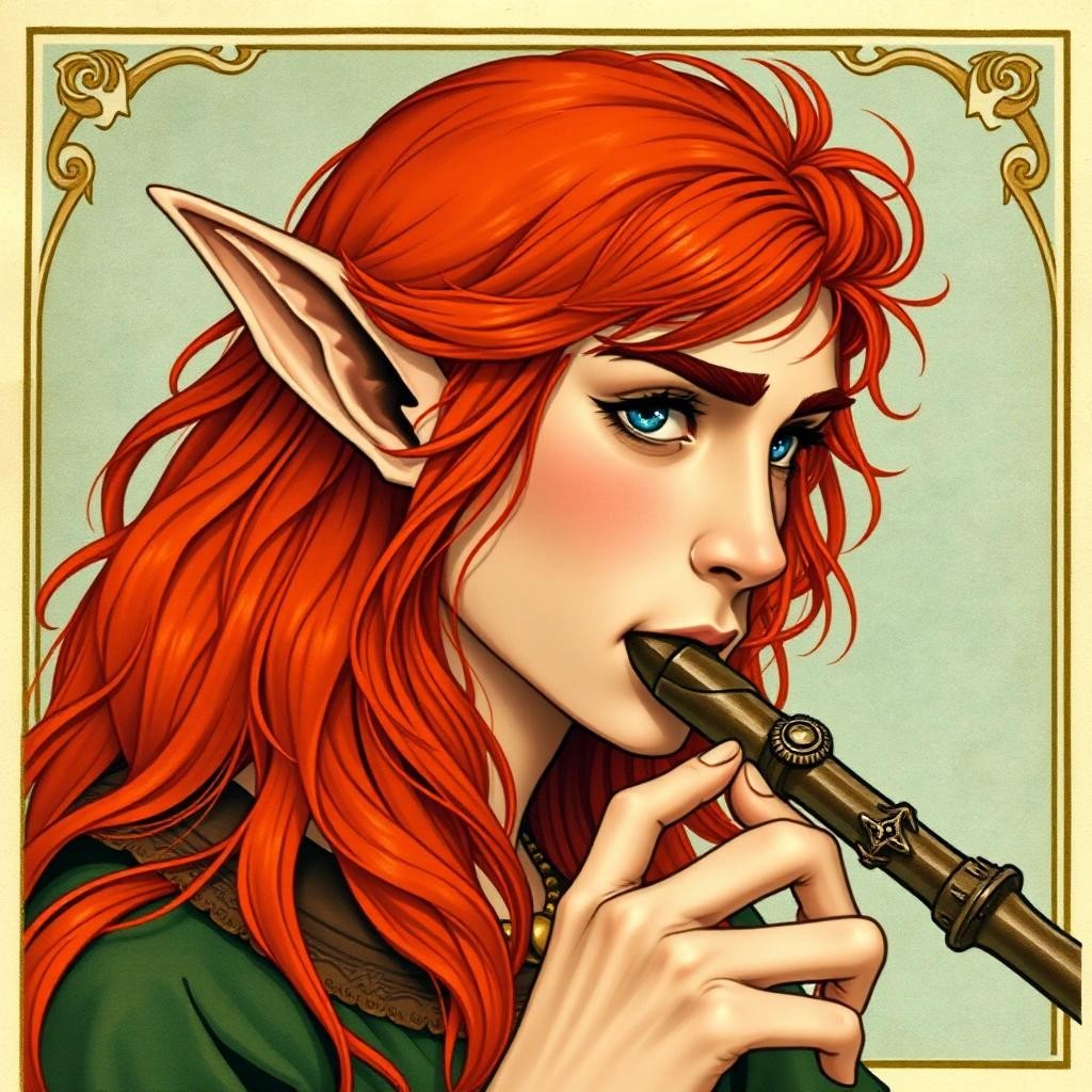 Image with seed 3837614560 generated via Stable Diffusion through @stablehorde@sigmoid.social. Prompt: Portrait of a young Irish Elven man with long red hair and piercing blue eyes, pointy ears, playing a flute, Celtic fantasy Art Nouveau