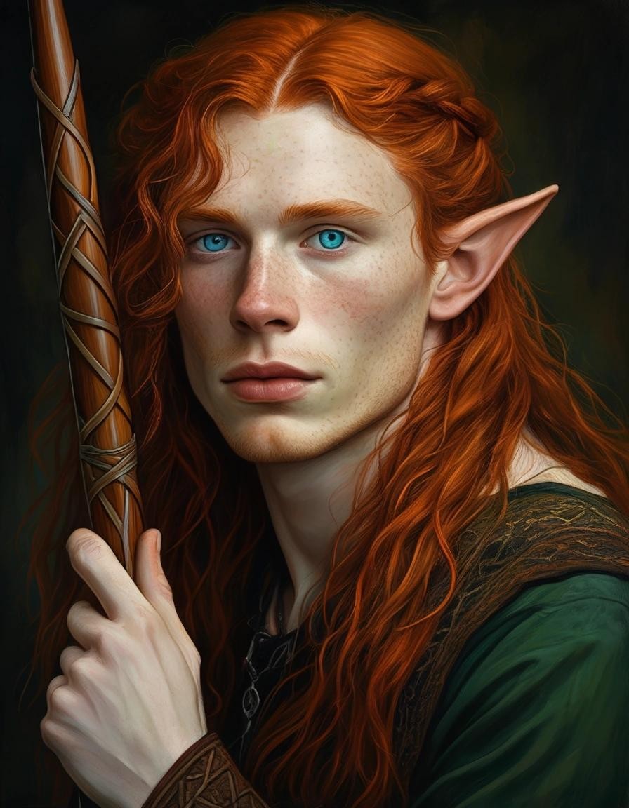 Image with seed 12367043 generated via Stable Diffusion through @stablehorde@sigmoid.social. Prompt: Portrait of a young Irish Elven man with long red hair and piercing blue eyes, pointy ears, playing a flute, Celtic fantasy Art Nouveau 