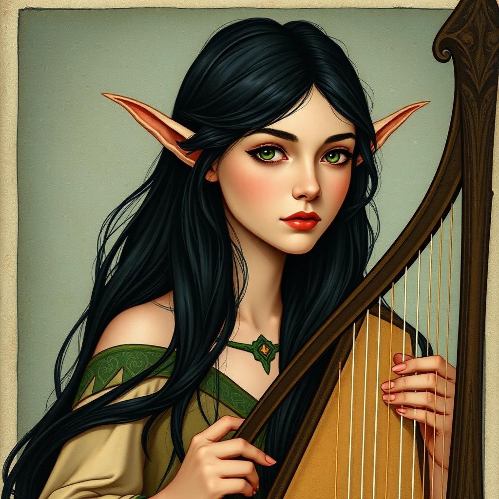 Image with seed 903534985 generated via Stable Diffusion through @stablehorde@sigmoid.social. Prompt: Portrait of a young Irish Elven woman with long black hair and beautiful green eyes, pointy ears, playing a harp, Celtic fantasy Art Nouveau