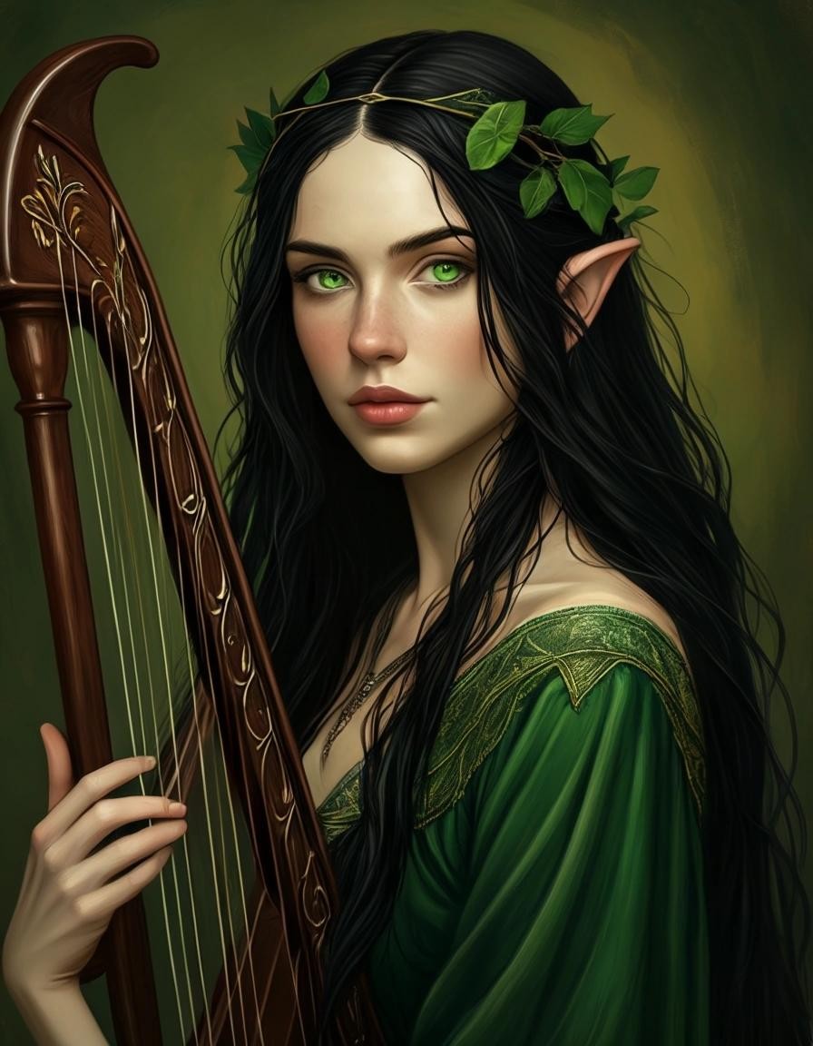 Image with seed 2726680186 generated via Stable Diffusion through @stablehorde@sigmoid.social. Prompt: Portrait of a young Irish Elven woman with long black hair and beautiful green eyes, pointy ears, playing a harp, Celtic fantasy Art Nouveau 