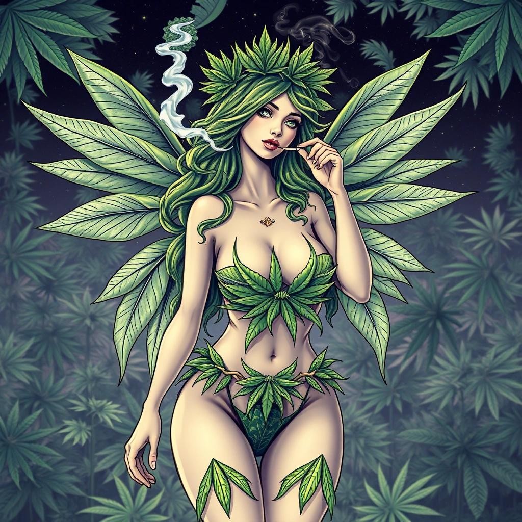 Image with seed 981117613 generated via Stable Diffusion through @stablehorde@sigmoid.social. Prompt: A beautiful stoner fairy wearing a bikini made from cannabis leaves, seductive, smoking weed, green fairy, 2d symmetrical drawing, cannabis in the background, whimsical fantasy landscape, psychedelic, 420