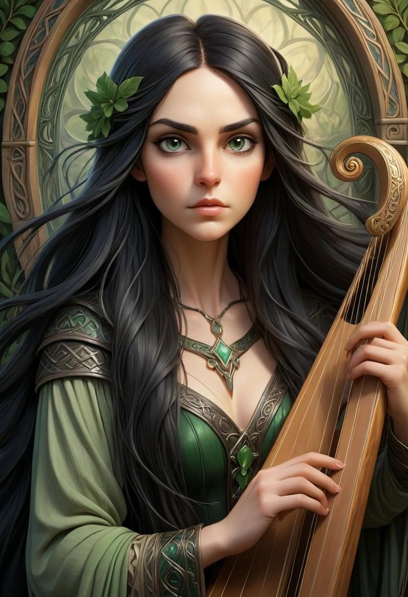 Image with seed 2611023137 generated via Stable Diffusion through @stablehorde@sigmoid.social. Prompt: Portrait of a young Irish Elven woman with long black hair and beautiful green eyes, pointy ears, playing a harp, Celtic fantasy Art Nouveau 