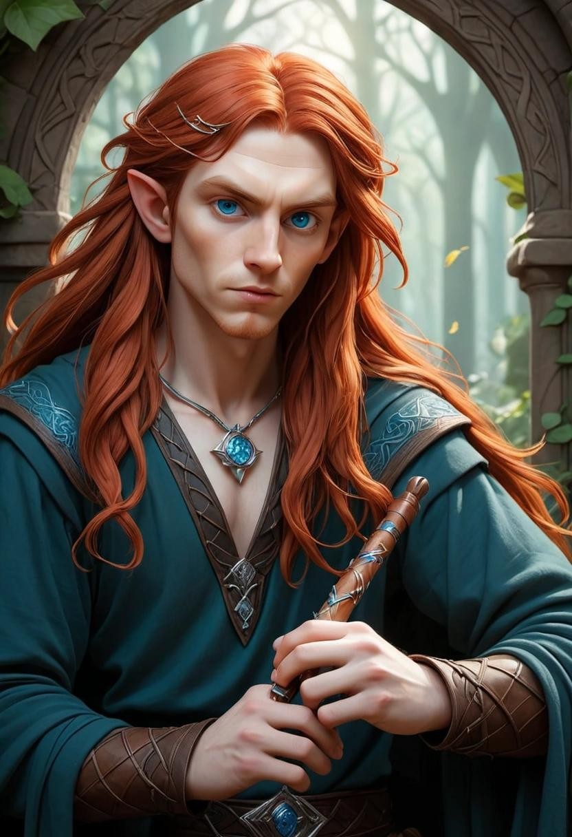 Image with seed 2028256453 generated via Stable Diffusion through @stablehorde@sigmoid.social. Prompt: Portrait of a young Irish Elven man with long red hair and piercing blue eyes, pointy ears, playing a flute, Celtic fantasy Art Nouveau 