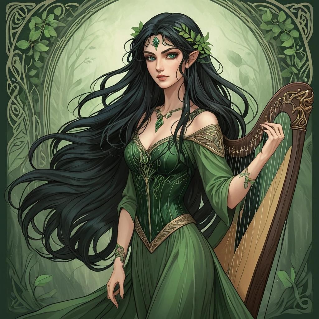 Image with seed 1986313060 generated via Stable Diffusion through @stablehorde@sigmoid.social. Prompt: Portrait of a young Irish Elven woman with long black hair and beautiful green eyes, pointy ears, playing a harp, Celtic fantasy Art Nouveau ###