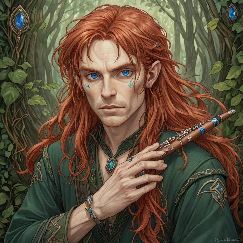 Image with seed 320947761 generated via Stable Diffusion through @stablehorde@sigmoid.social. Prompt: Portrait of a young Irish Elven man with long red hair and piercing blue eyes, pointy ears, playing a flute, Celtic fantasy Art Nouveau ###