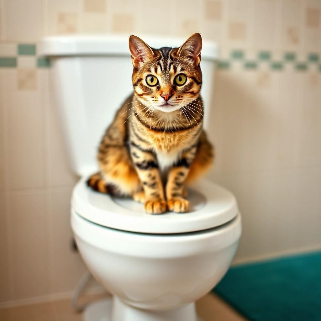 Image with seed 322257834 generated via Stable Diffusion through @stablehorde@sigmoid.social. Prompt: A tabby cat sitting atop a white toilet in a bathroom, looking directly at the camera. The background features tiled walls and a teal bath mat. style realistic