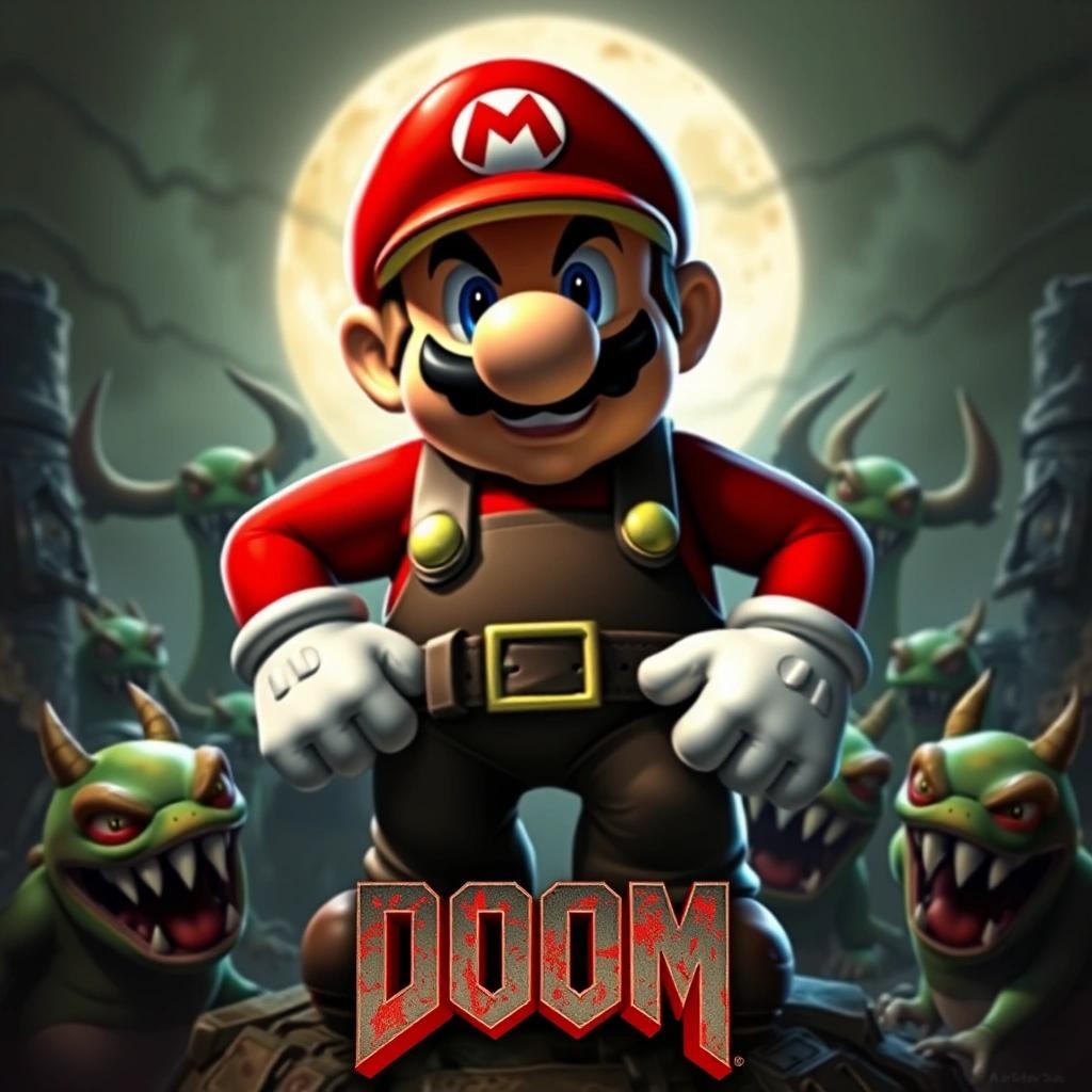 Image with seed 4014566369 generated via Stable Diffusion through @stablehorde@sigmoid.social. Prompt: a Super Mario as the Doomguy in the iconic Doom poster, surrounded by Koopas instead of demons 