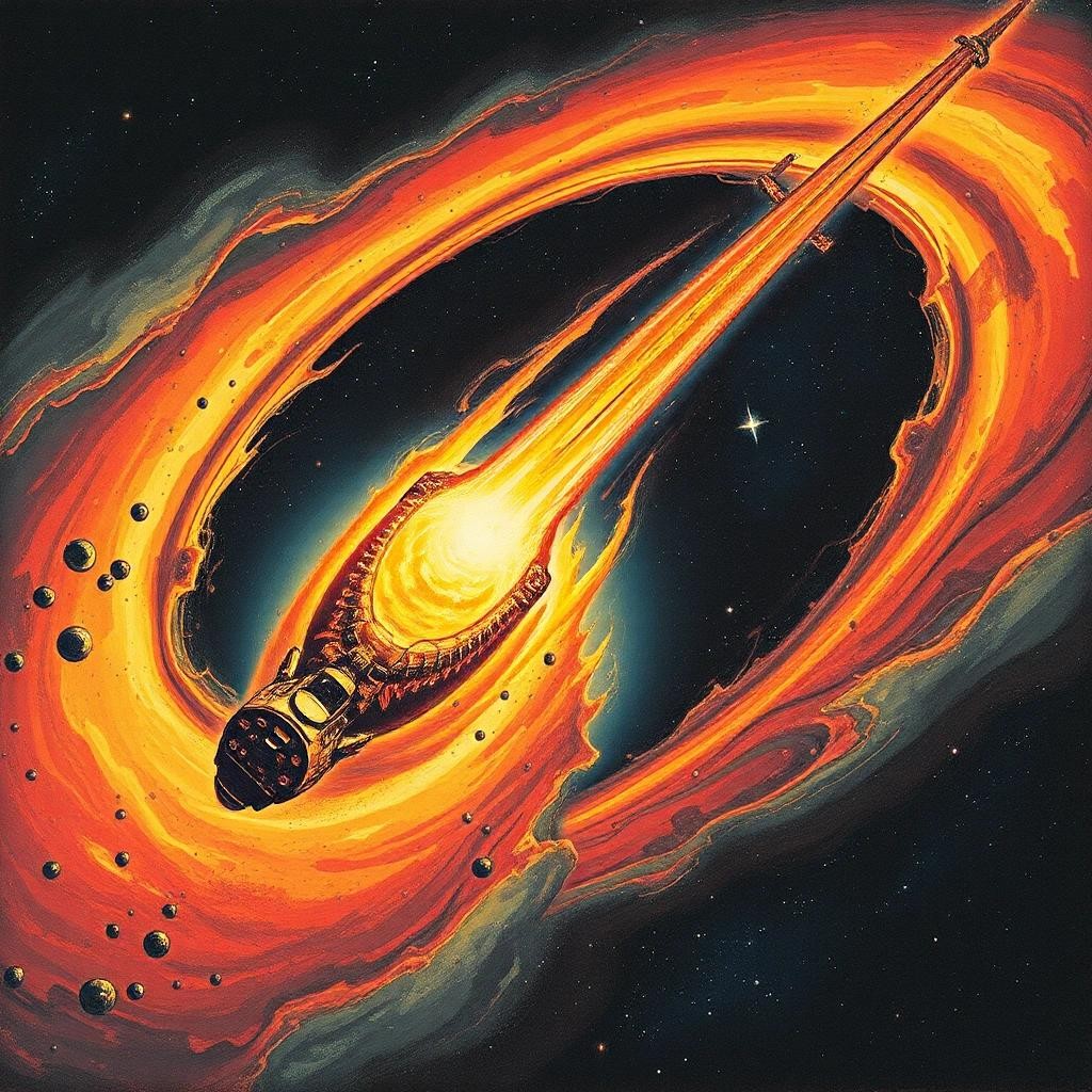 Image with seed 3271332897 generated via Stable Diffusion through @stablehorde@sigmoid.social. Prompt: space art, science fiction, space opera, The Telltale Tail of the Comet