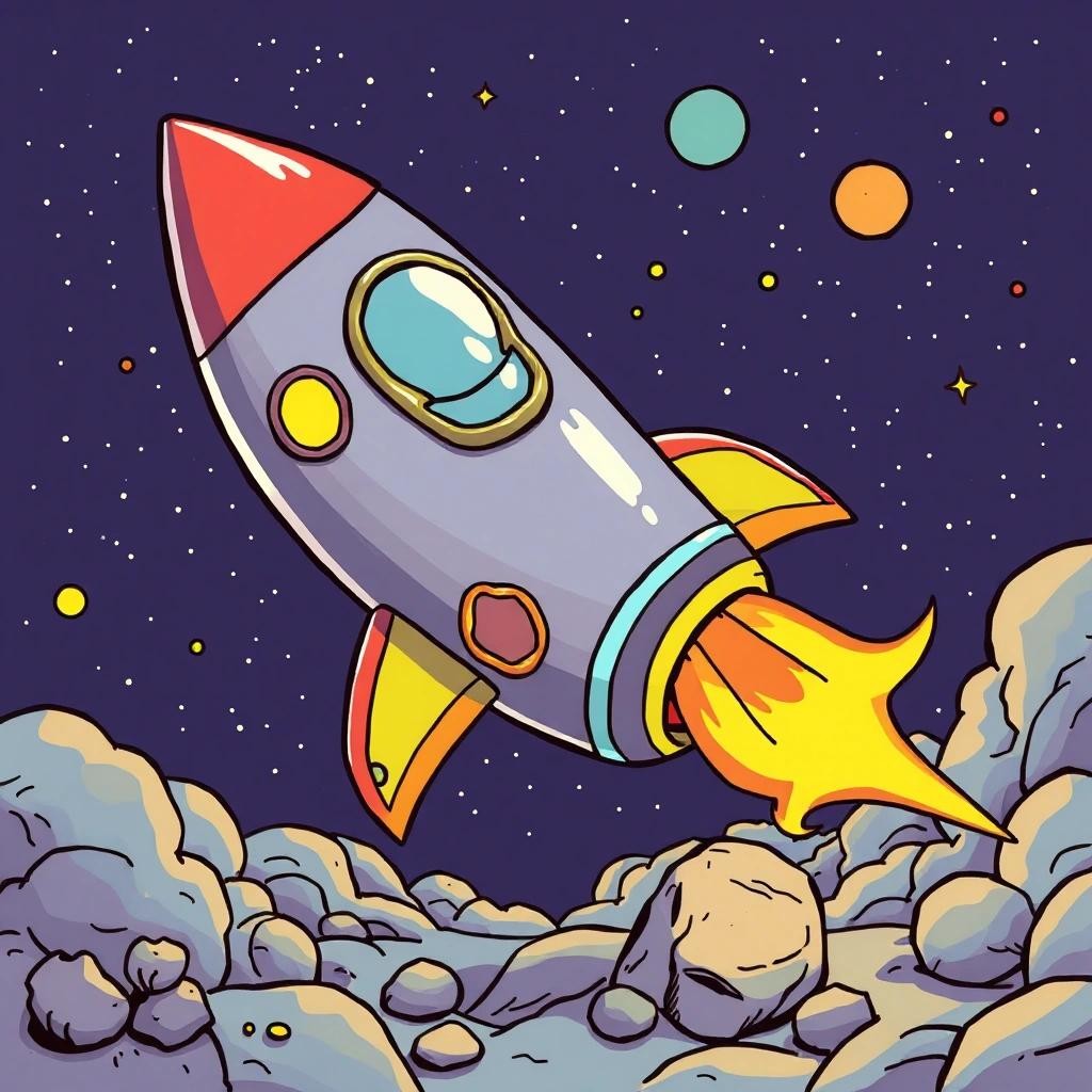 Image with seed 3696175997 generated via Stable Diffusion through @stablehorde@sigmoid.social. Prompt: Cute psychedelic 1970s cartoon rocketship, beautiful space hippies, underground comics