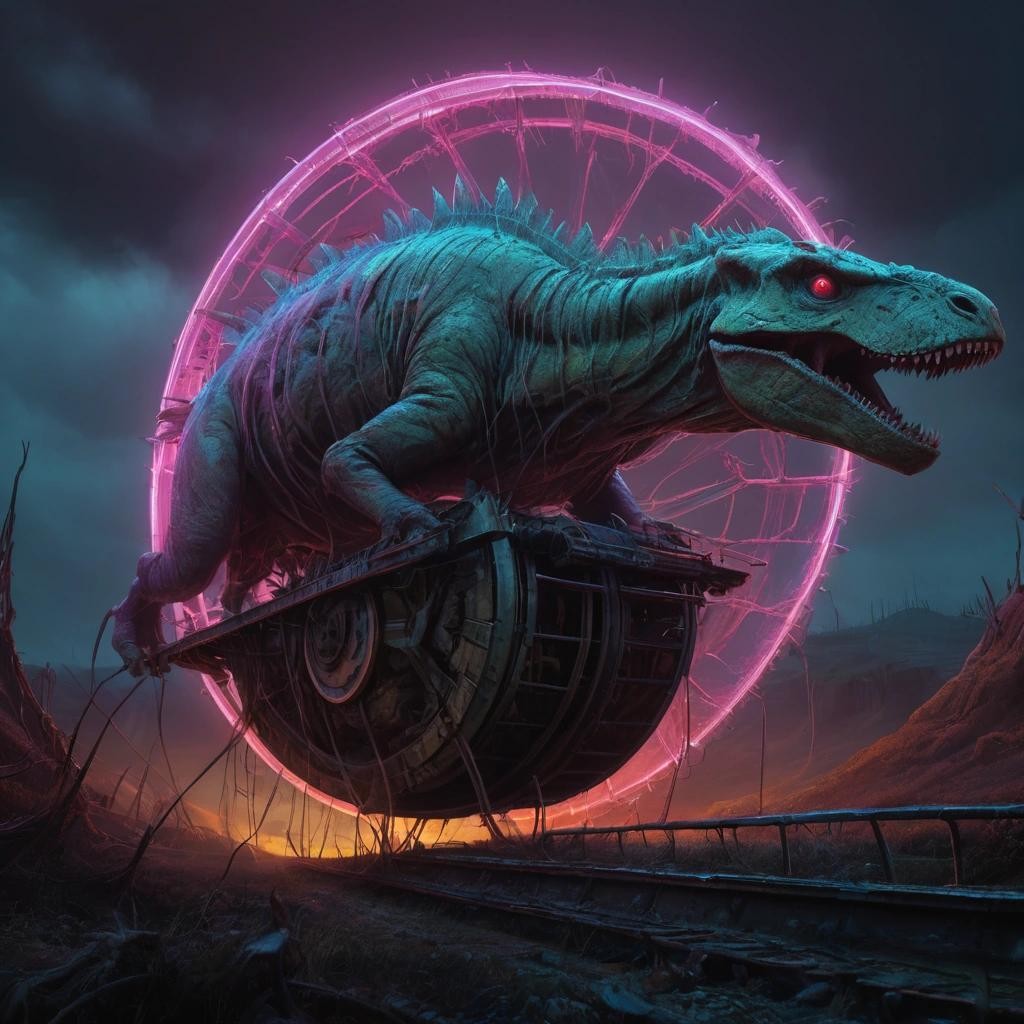 Image with seed 3305495495 generated via Stable Diffusion through @stablehorde@sigmoid.social. Prompt: highly detailed digital painting of dinosaurs running on a hamster wheel to create electricity for the world , highly realistic fantasy concept art by Darek Zabrocki and Zdzisław Beksiński, paint strokes, intricate, eerie scenery, dark volumetric lighting, triadic color scheme, very coherent, sharp focus, illustration, film grain, spooky vibe