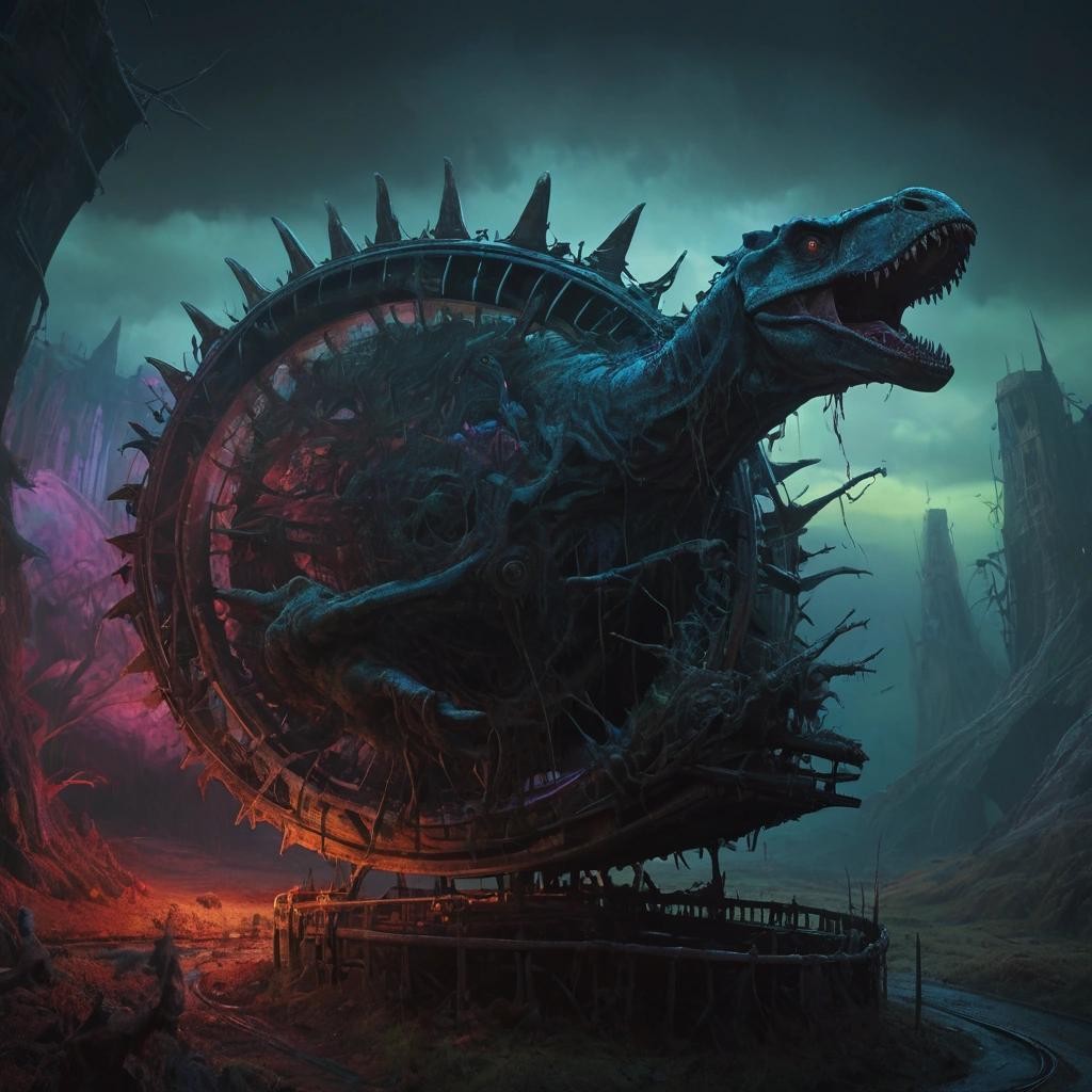 Image with seed 1351755417 generated via Stable Diffusion through @stablehorde@sigmoid.social. Prompt: highly detailed digital painting of dinosaurs running on a hamster wheel , highly realistic fantasy concept art by Darek Zabrocki and Zdzisław Beksiński, paint strokes, intricate, eerie scenery, dark volumetric lighting, triadic color scheme, very coherent, sharp focus, illustration, film grain, spooky vibe