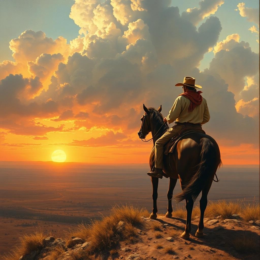 Image with seed 1597588222 generated via Stable Diffusion through @stablehorde@sigmoid.social. Prompt: Cowboy riding a horse, plateau overlooking Texas plains, cumulonimbus clouds, orange sunset, western romance, majestic, old west painting, high detail, realistic, Thomas Moran style, Frank Tenney Johnson style
