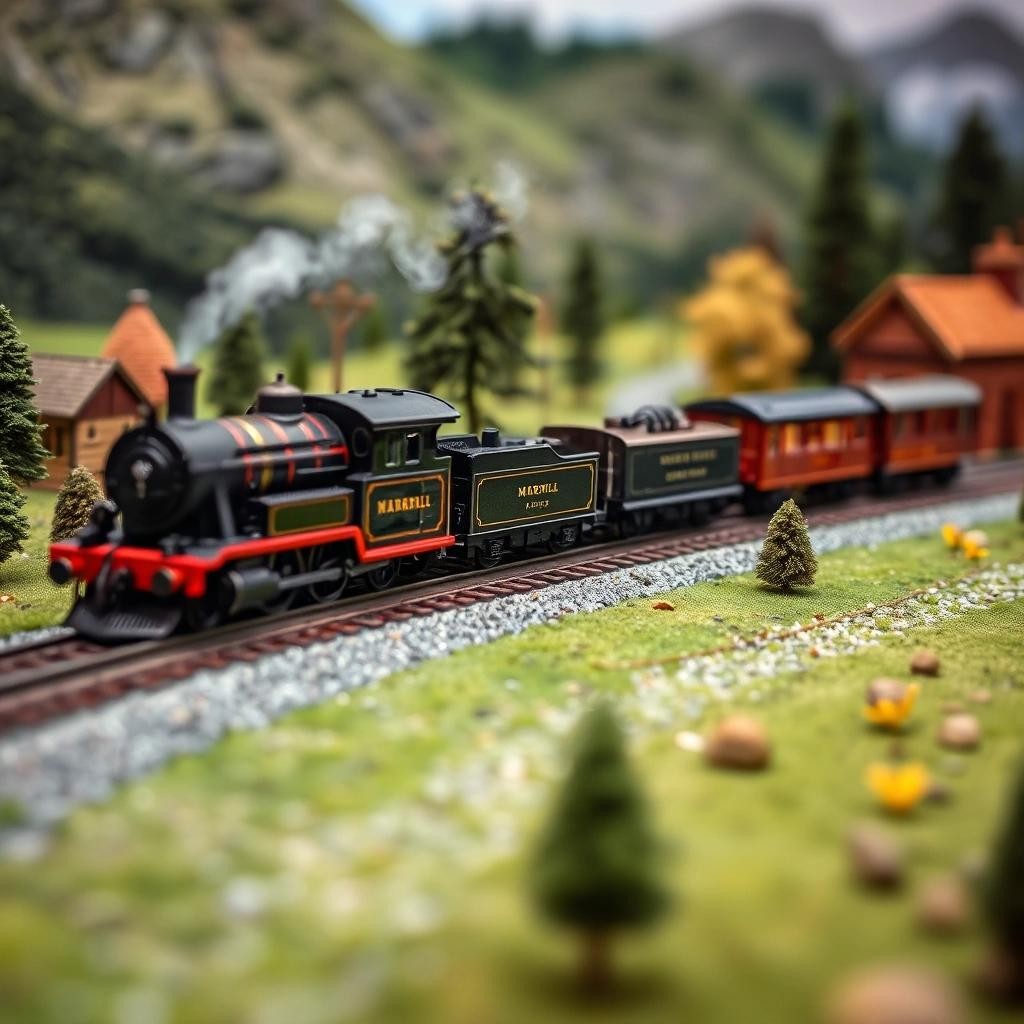 Image with seed 2146096761 generated via Stable Diffusion through @stablehorde@sigmoid.social. Prompt: nostalgic miniature landscape with a train pulled by an old steam locomotive in the style of Märklin and Faller