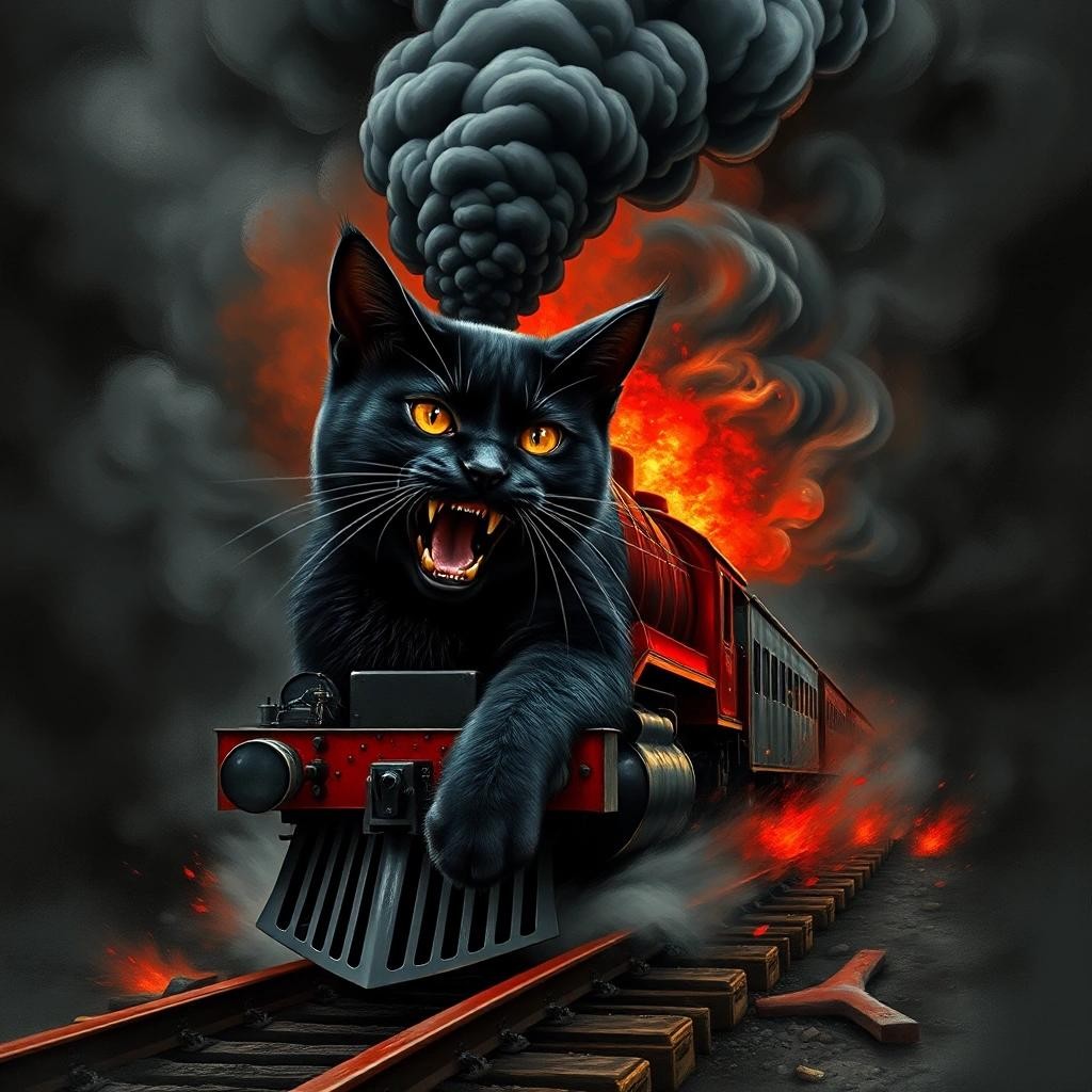 Image with seed 2420667455 generated via Stable Diffusion through @stablehorde@sigmoid.social. Prompt: a black cat with teeth bared whose body is transforming into a coal train charging towards the camera, surrounded by swirls of deep black smoke, red coal fire shines within the smoke, realistic, detailed, Western romantic