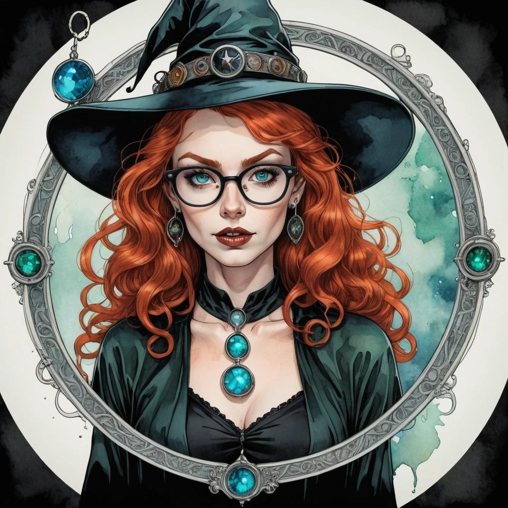 Image with seed 440161786 generated via Stable Diffusion through @stablehorde@sigmoid.social. Prompt: comic book frame of a beautiful witch with curly red hair, nerdy glasses, hoop earrings, blue-green eyes, a wide-rimmed pointy black witch hat, silver amulets, amber amulets, gothic, watercolour on black ink lineart 