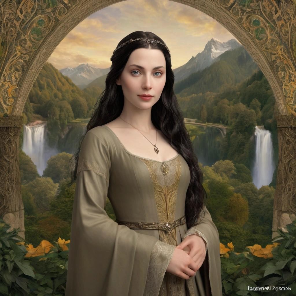 Image with seed 1518117121 generated via Stable Diffusion through @stablehorde@sigmoid.social. Prompt: Lady Arwen Undómiel in the pose of the Mona Lisa, Rivendell background, by Leonardo the Elf 