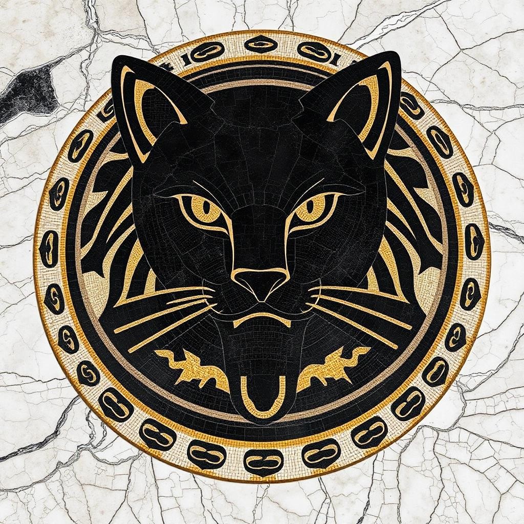 Image with seed 727380565 generated via Stable Diffusion through @stablehorde@sigmoid.social. Prompt: Versace marble mosaic floor, mosaic pattern of black cat as Medusa Versace logo, opulent, wealth, photorealistic