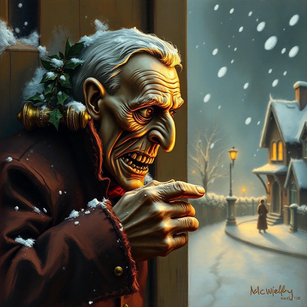 Image with seed 4288548098 generated via Stable Diffusion through @stablehorde@sigmoid.social. Prompt: Ebenezer Scrooge horrified by the sight of his door knocker transforming into the face of Jacob Marley, Christmas, snowing, Victorian romance, painting, realistic, high detail