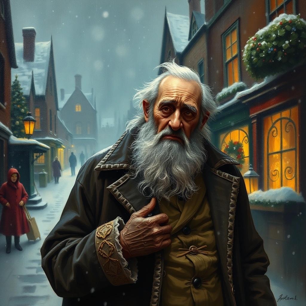 Image with seed 759291504 generated via Stable Diffusion through @stablehorde@sigmoid.social. Prompt: Ebenezer Scrooge wearing his dressing gown looking painfully remorseful in the middle of a Victorian town during Christmas in the snow, very expressive, realistic, painting